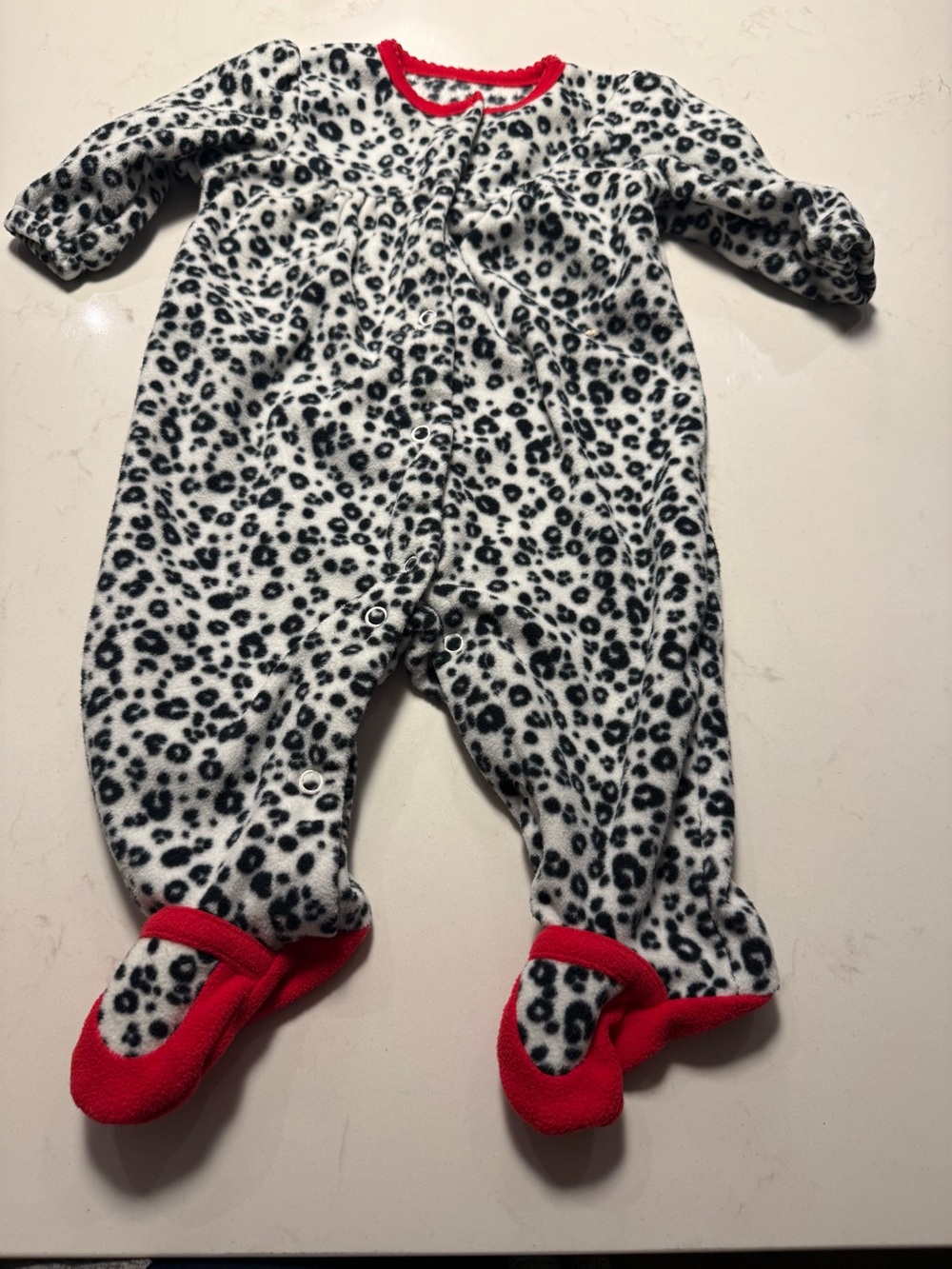 Carter's Black & White Leopard Fleece Footed One-Piece with Red Trim size 3month